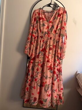Simplee Apparel Pink Floral Maxi Dress with Red and Green Accents